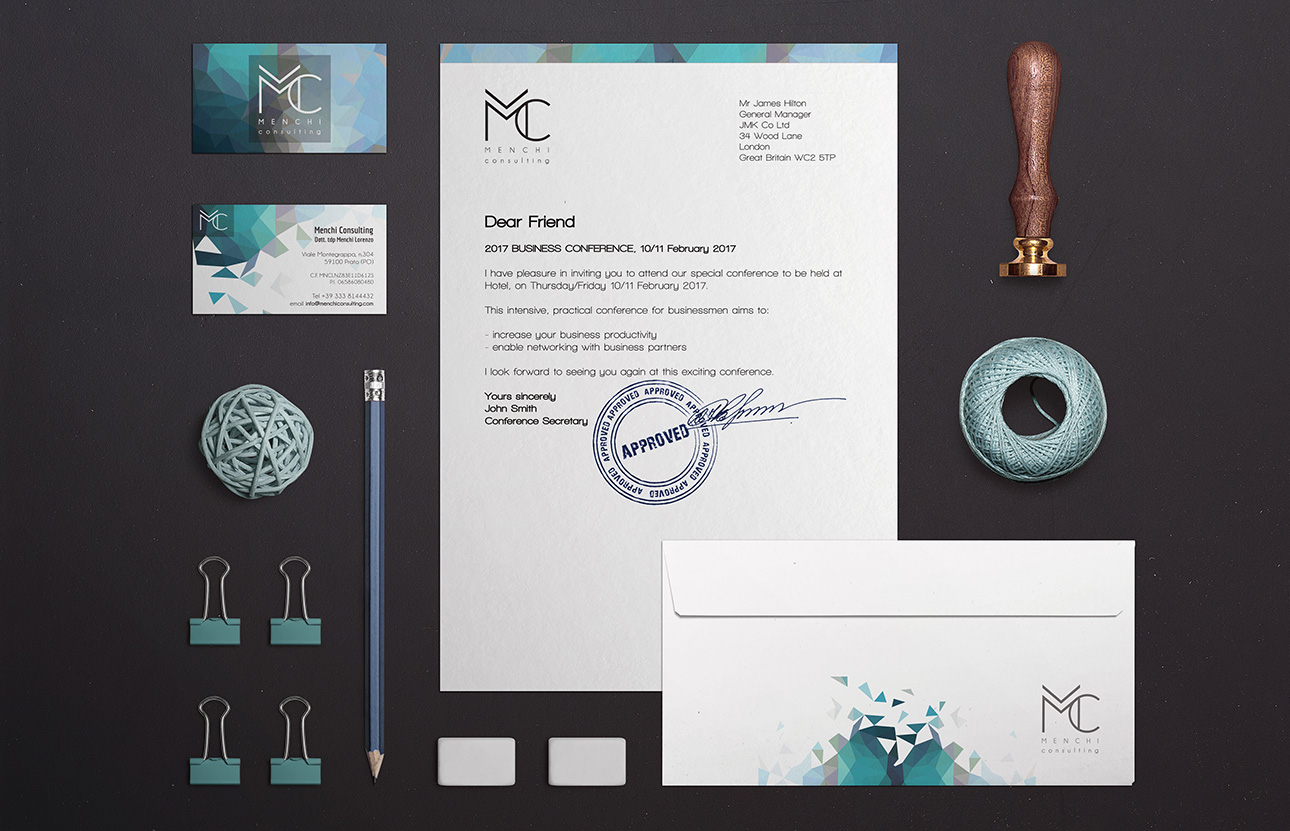 Grafica Brand identity, logo, immagine coordinata Menchi Consulting