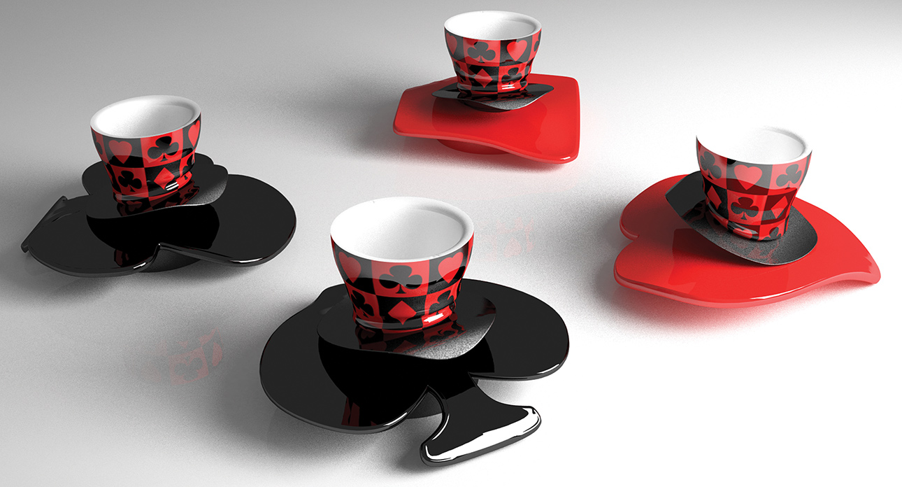 Product design set tazzine da caffè Mad Hatter - progettazione, modellazione 3D e rendering